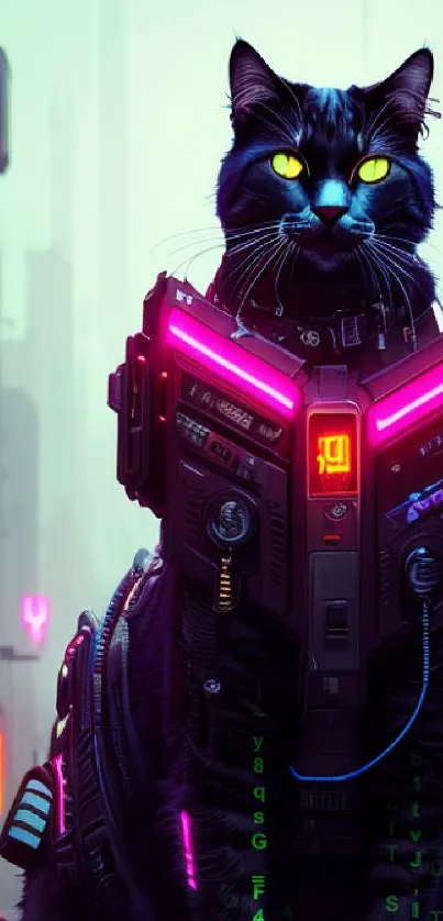 Futuristic cyberpunk cat in neon cityscape wallpaper.