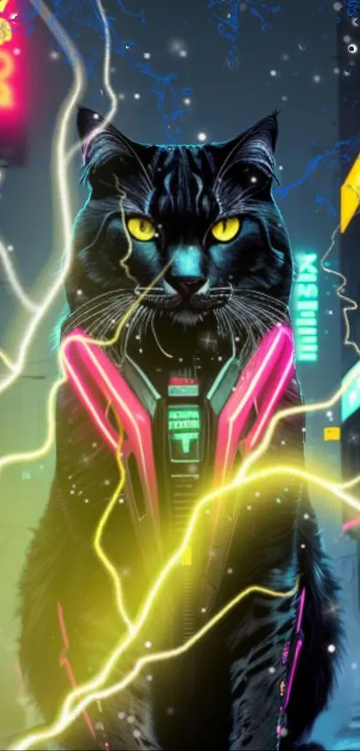 Cyberpunk cat with neon lights and lightning in a futuristic cityscape.