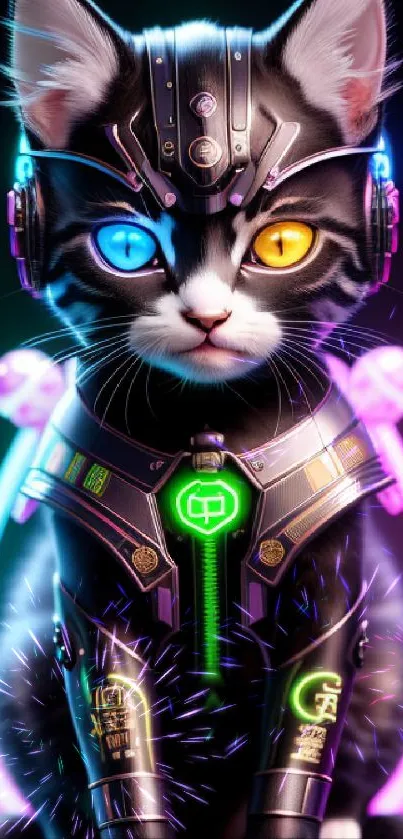 Futuristic cyberpunk cat with neon accents.