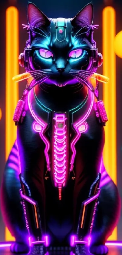 Futuristic cyberpunk cat with neon accents.