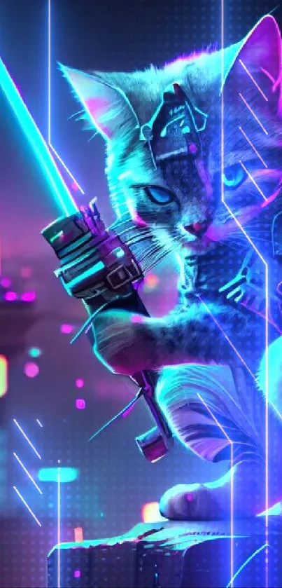 A cyberpunk cat with a neon sword in a futuristic cityscape.