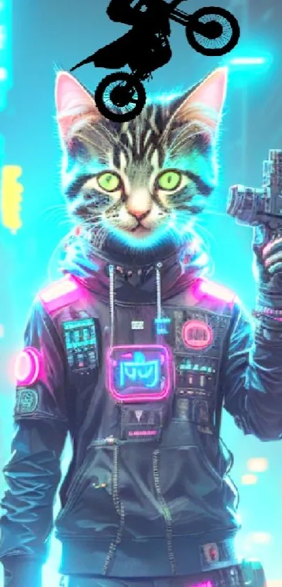 Cyberpunk cat biker with neon lights and city backdrop.