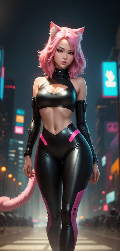 Catgirl in black and pink outfit in neon-lit cyberpunk city.