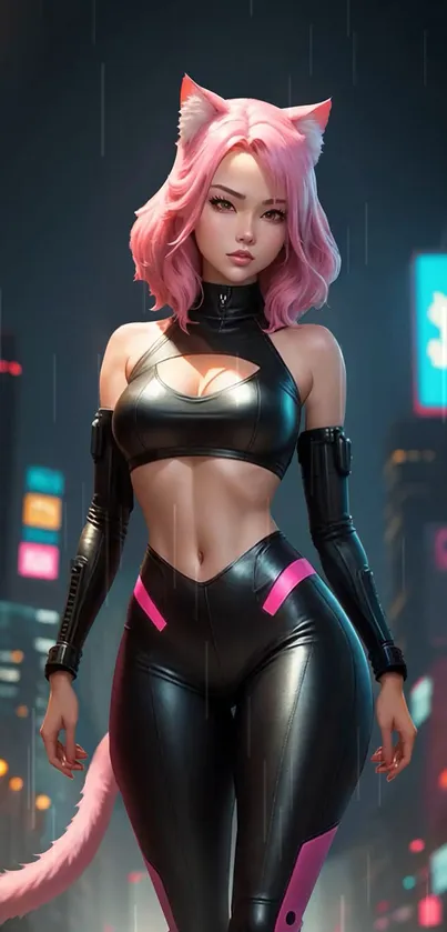 Cyberpunk catgirl with pink hair and neon lights.