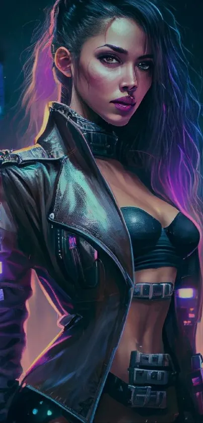 Futuristic character with neon colors in cyberpunk style wallpaper.