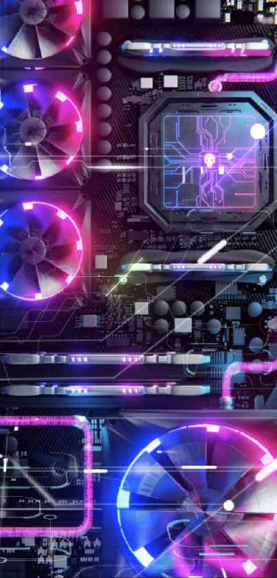 Futuristic neon circuit board wallpaper with vibrant pink and blue lights.