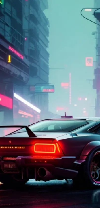 Cyberpunk city wallpaper with car and neon lights in a futuristic urban setting.