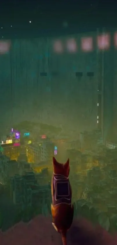 Cat overlooking neon-lit cyberpunk cityscape.