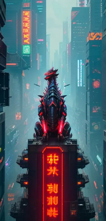 Neon-lit cyberpunk city with dragon atop a skyscraper.