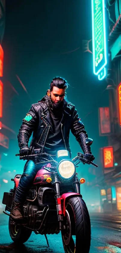 Biker riding motorcycle in neon-lit cyberpunk city.