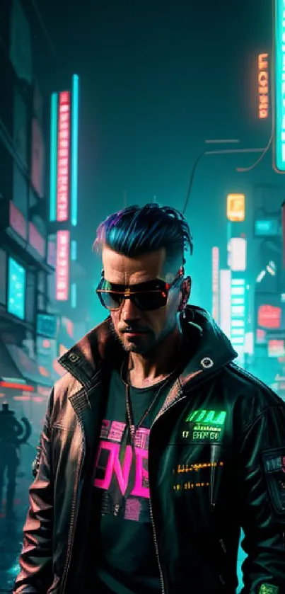 Cyberpunk style individual in a neon-lit city at night.