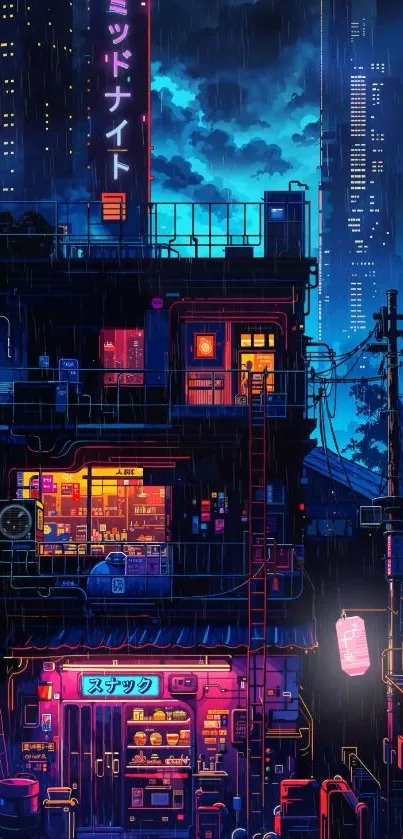 Cyberpunk cityscape with neon lights in a futuristic urban night setting.