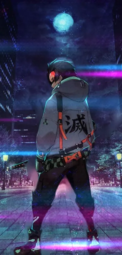 Cyberpunk figure in neon cityscape with dark blue night sky.