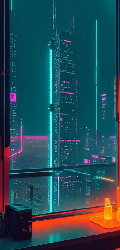 Cyberpunk cityscape with neon lights viewed from a window.