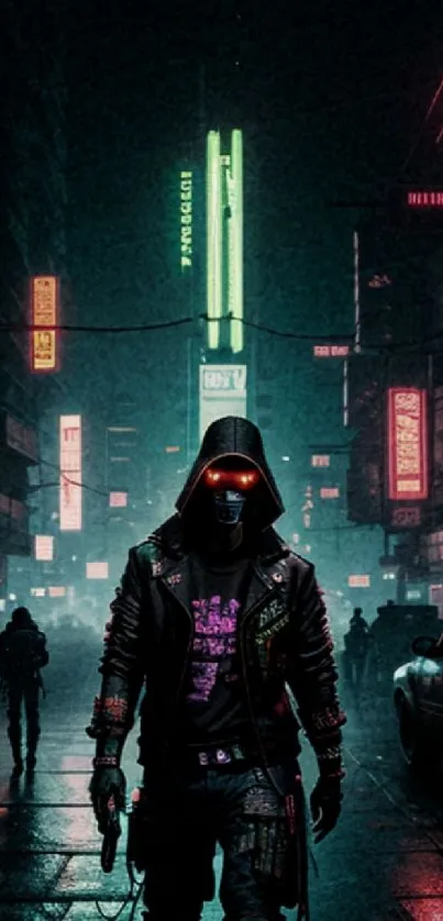 Cyberpunk city street with hooded figure and neon lights.