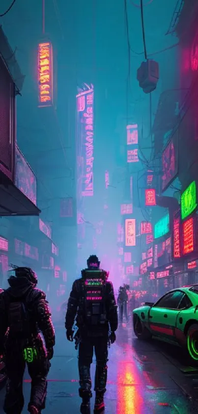 Cyberpunk city street with neon lights and futuristic aesthetics.