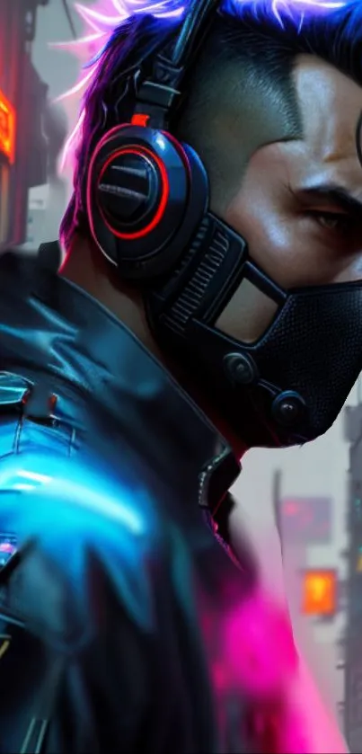 Futuristic character with neon lights in a cyberpunk cityscape wallpaper.