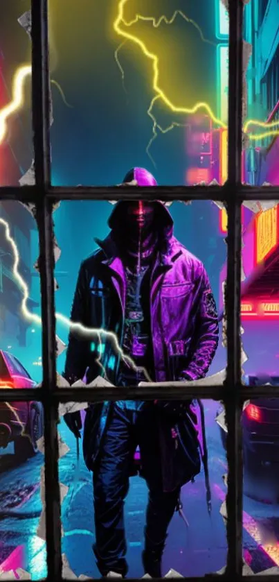 Mysterious figure in neon-lit cyberpunk cityscape with lightning effects.