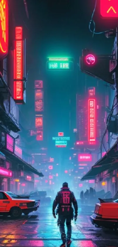 Futuristic cyberpunk city street with neon lights and cars.