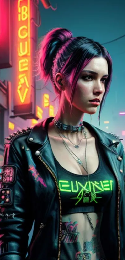 Futuristic cyberpunk character in neon-lit city.