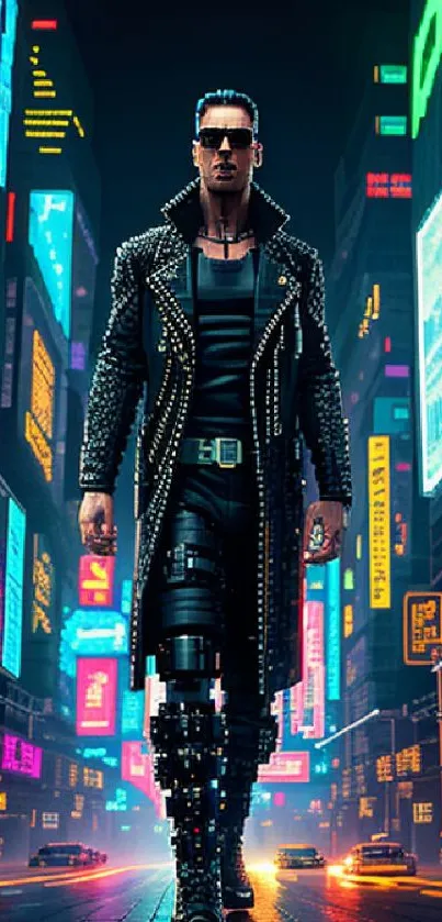 Cyberpunk figure in neon-lit cityscape showcases futuristic urban style.