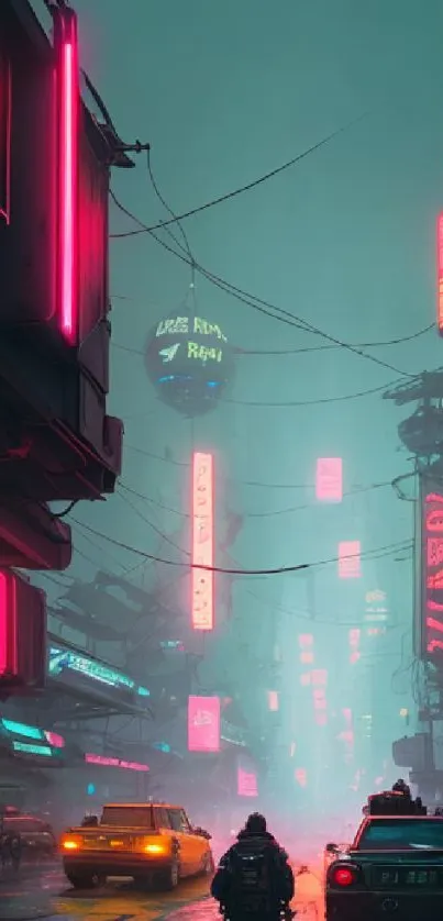 Neon-lit cyberpunk city at night with futuristic architecture and glowing signs.