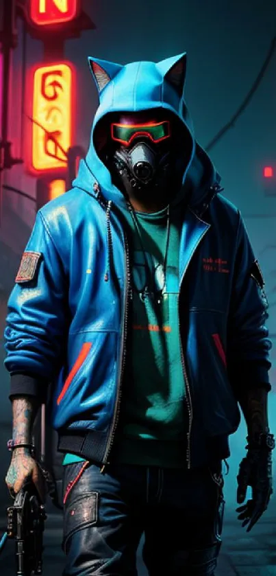 Cyberpunk figure in blue hoodie with neon city background.