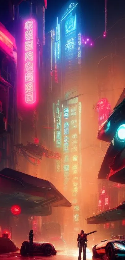 Vibrant cyberpunk cityscape with neon signs glowing at night.