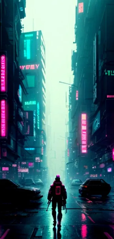 Futuristic cyberpunk city at night with neon lights and a lone figure.