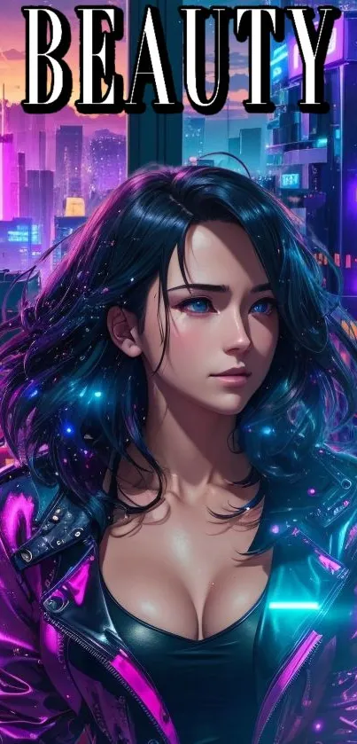 Stylish woman in neon-lit cyberpunk cityscape.