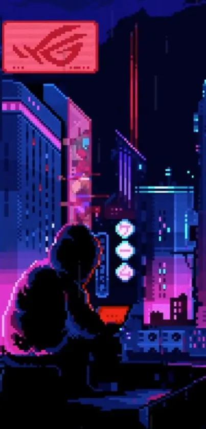 Cyberpunk city at night with neon lights and a hooded figure.