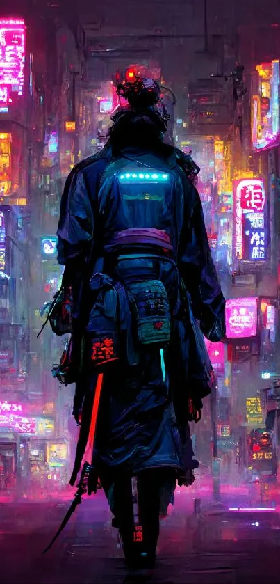 Cyberpunk samurai in neon-lit cityscape wallpaper.