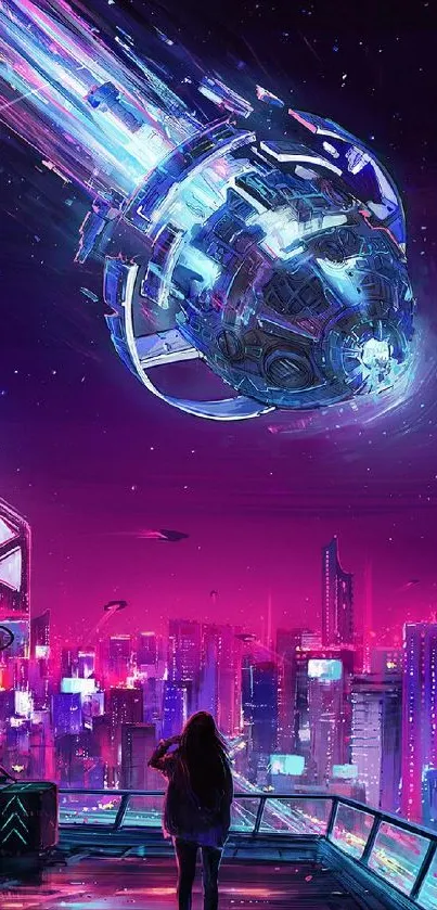 Futuristic cyberpunk cityscape at night with neon lights.