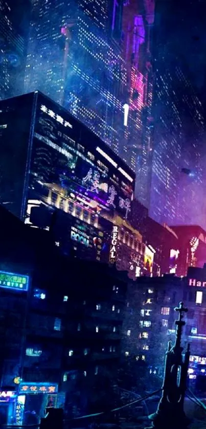 Cyberpunk cityscape with neon signs at night, perfect for mobile wallpaper.