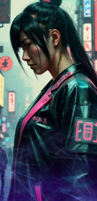 Cyberpunk wallpaper with neon lights and a stylish character in a futuristic city.