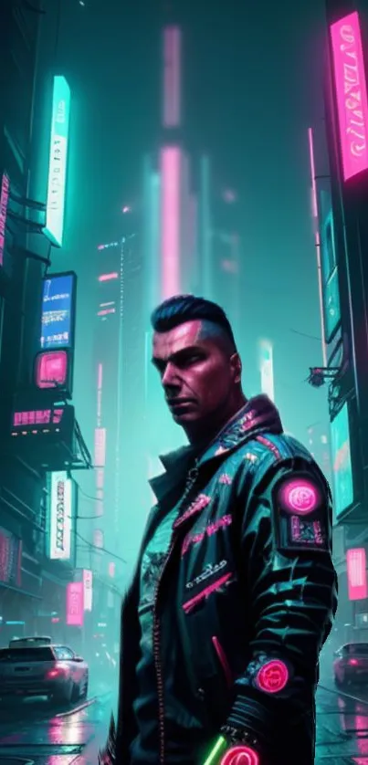 Cyberpunk cityscape with neon lights and a mysterious character in the foreground.