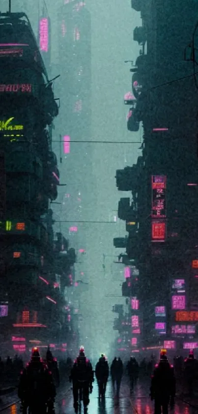 Cyberpunk city with neon lights and futuristic buildings.