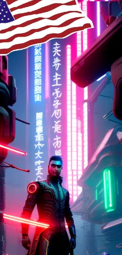 Cyberpunk cityscape with neon lights and futuristic atmosphere.