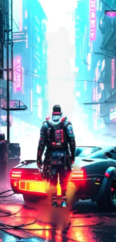 Cyberpunk city scene with neon lights and a lone figure.