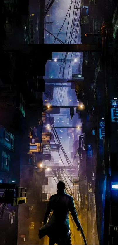 Silhouette in neon-lit cyberpunk cityscape at night.