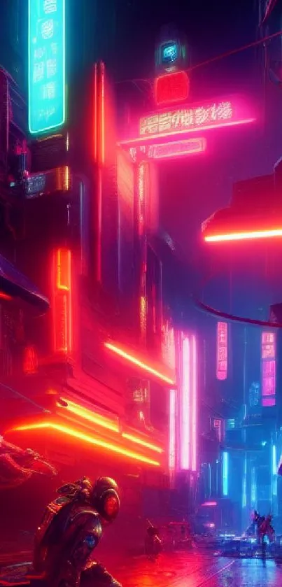 Vibrant neon-lit cyberpunk cityscape wallpaper for mobile phones.