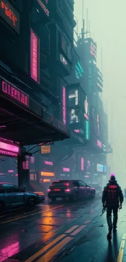 Cyberpunk cityscape with neon lights and futuristic street.