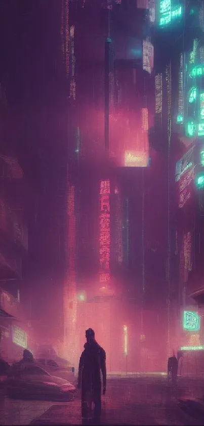 Futuristic cyberpunk city with neon lights and a mysterious silhouette.
