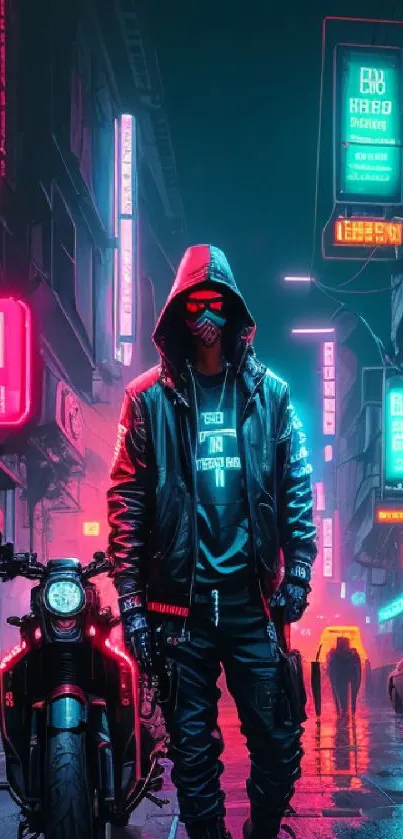 Hooded figure in neon-lit cyberpunk city with motorcycle.