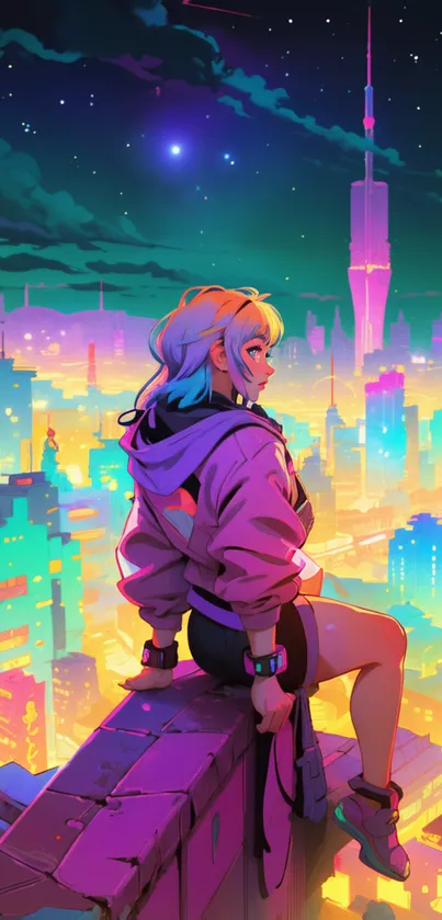 Character overlooking a futuristic neon-lit cityscape.