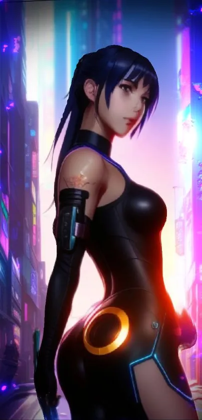 A futuristic heroine in a cyberpunk city with vibrant neon lights.