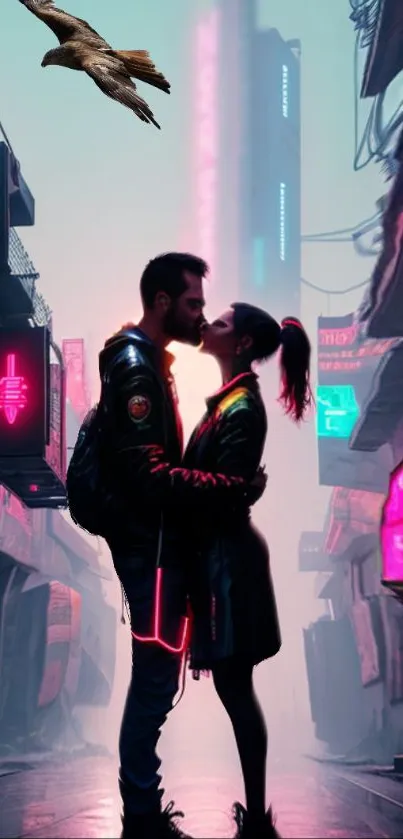 Cyberpunk couple embraces in a neon-lit city with a bird overhead.