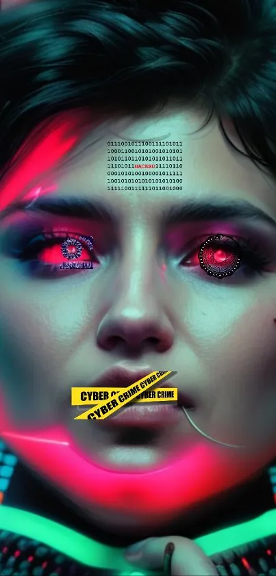 Futuristic cyberpunk face with crime scene tape and neon glow.