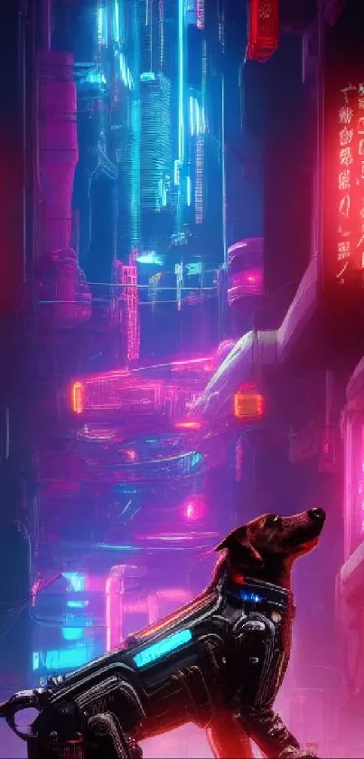 A cyberpunk themed wallpaper with a robotic dog in a neon-lit alley.