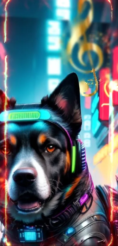 Cyberpunk dog with neon lights in a futuristic city setting.